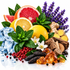 A vibrant still life arrangement of natural ingredients on a white reflective surface, including sliced grapefruit, lemon, mint leaves, purple lavender flowers, ginger root, red berries, amber crystals, dark brown dates, and blue ice cubes.