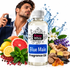 A bottle of Fizzy Whiz Blue Male Fragrance Oil is centered, surrounded by citrus fruits, mint, flowers, spices, and a man holding a perfume bottle in the background with a water splash graphic.