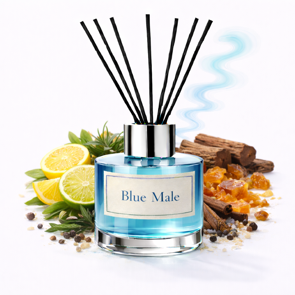 Reed diffuser labeled 'Blue Male' with lemons, cinnamon sticks, and other elements on a white background