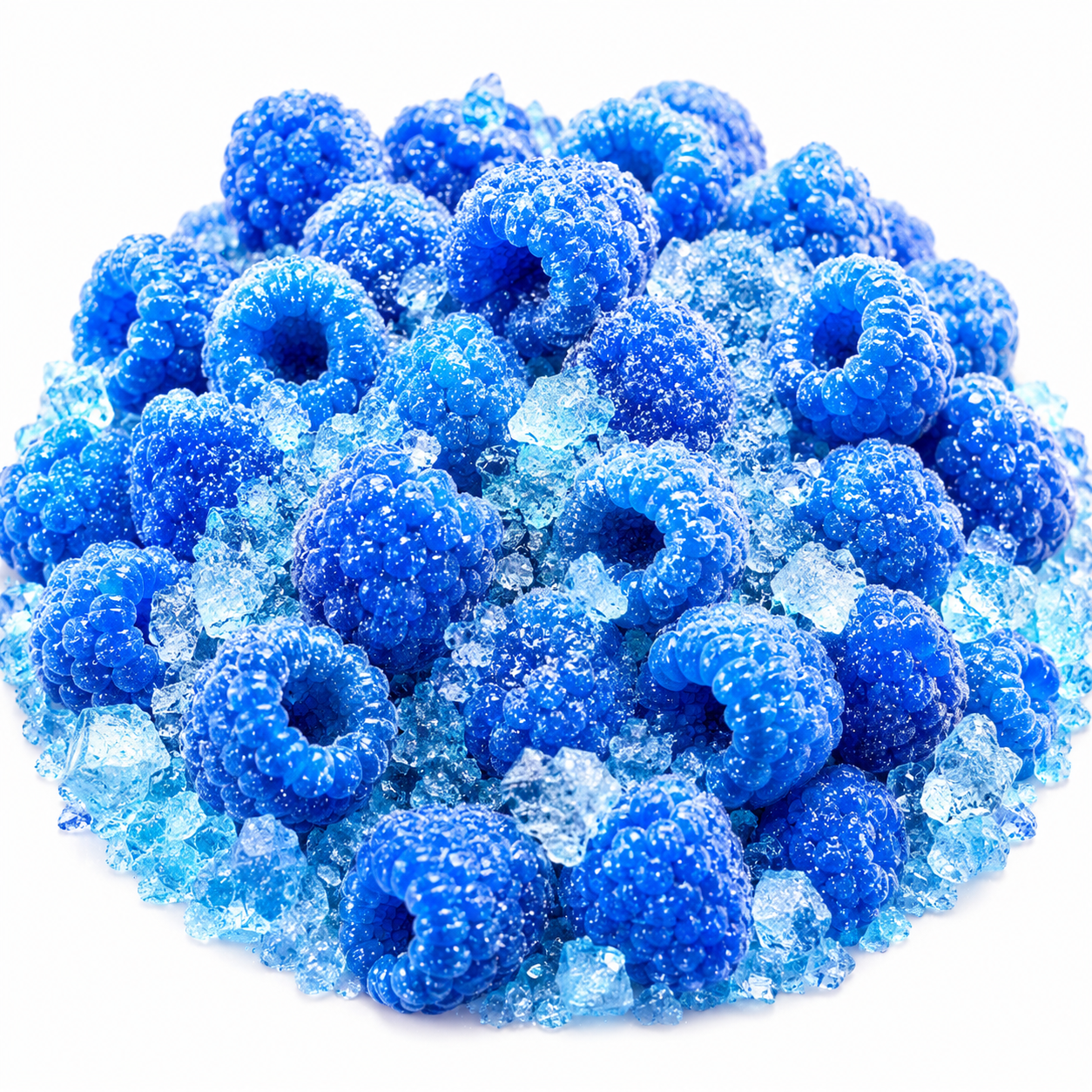 A pile of bright blue, sugar-coated raspberry-shaped candies mixed with translucent blue and clear crystals on a white background.