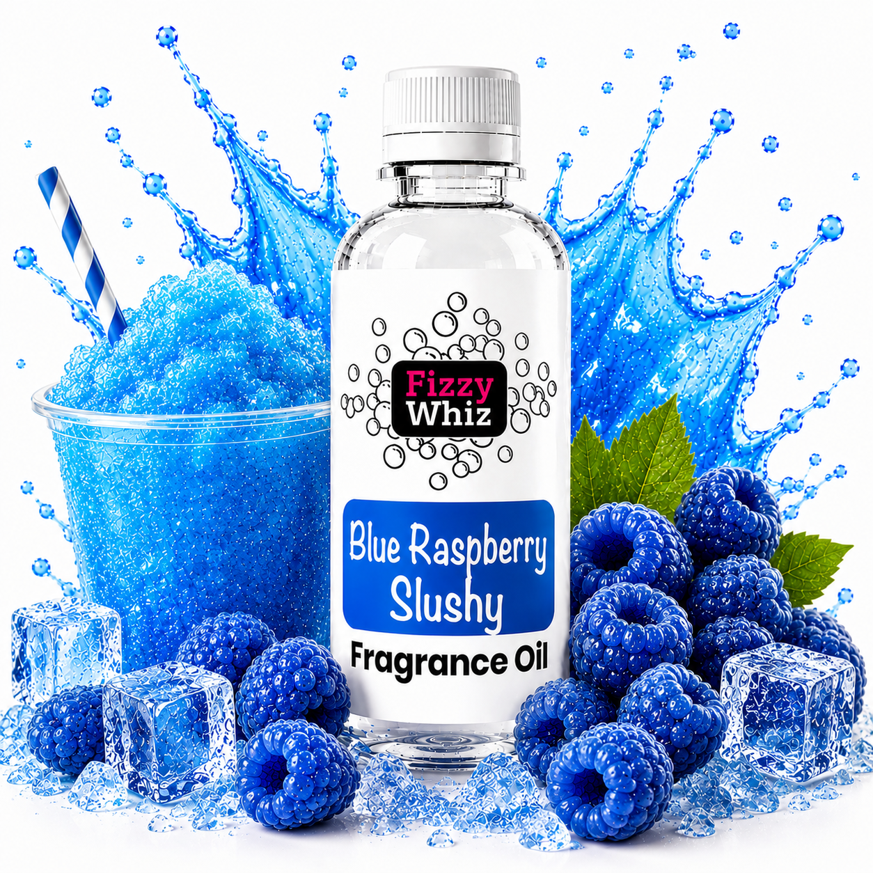 A bottle of Fizzy Whiz Blue Raspberry Slushy Fragrance Oil centered in front of a blue slushy drink, blue raspberries, ice cubes, and a blue splash graphic on a white background.