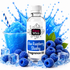 A bottle of Fizzy Whiz Blue Raspberry Slushy Fragrance Oil centered in front of a blue slushy drink, blue raspberries, ice cubes, and a blue splash graphic on a white background.