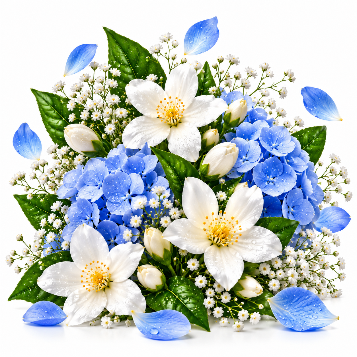A vibrant floral arrangement featuring white blossoms with yellow centers, bright blue hydrangeas, blue petals scattered around, and green leaves, all set against a clean white background.
