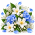 A vibrant floral arrangement featuring white blossoms with yellow centers, bright blue hydrangeas, blue petals scattered around, and green leaves, all set against a clean white background.