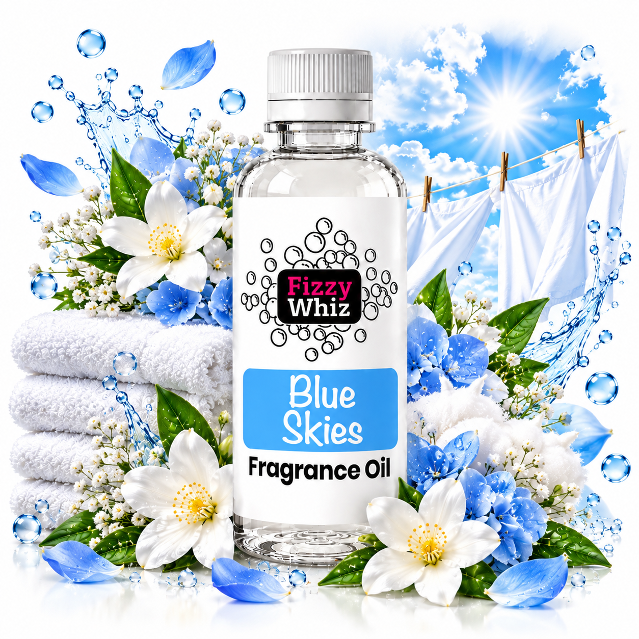 A bottle of Fizzy Whiz Blue Skies Fragrance Oil centered against a bright blue sky and clouds background, surrounded by folded white towels, white flowers, blue blossoms, leaves, water droplets, and hanging white clothes.