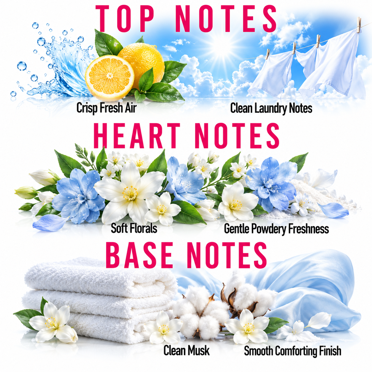 A fragrance notes graphic with three labeled sections: Top Notes, Heart Notes, and Base Notes. The top section shows citrus slices and laundry imagery with text reading 'Crisp Fresh Air' and 'Clean Laundry Notes.