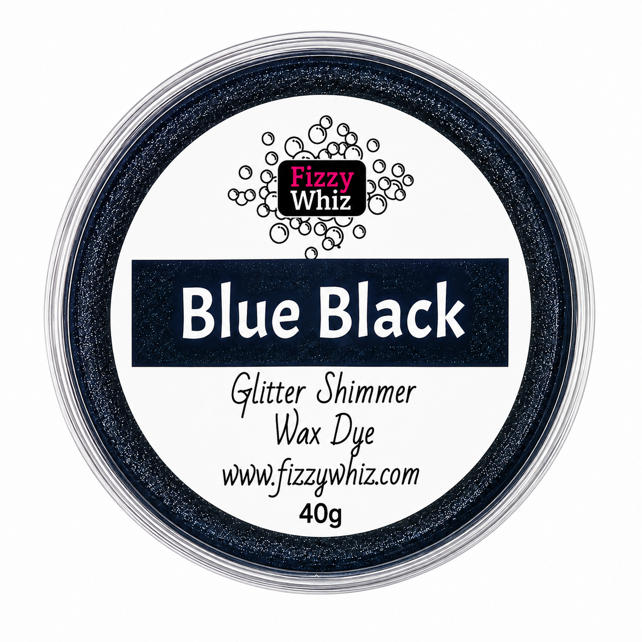 A round plastic jar of Fizzy Whiz Blue Black glitter shimmer wax dye, 40g, on a solid white background.