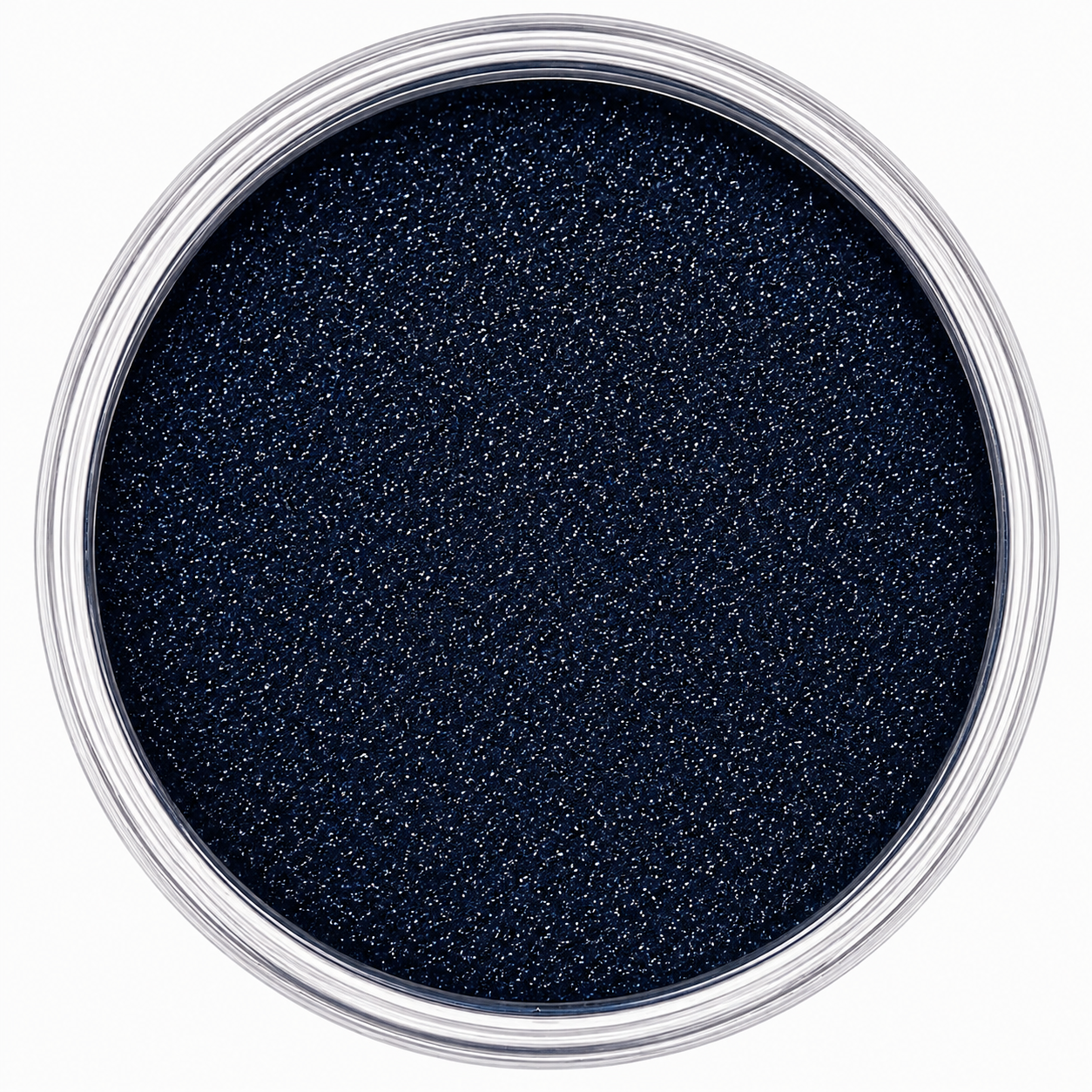 A top-down view of a round clear container filled with dark navy blue glitter powder, set against a plain white background.
