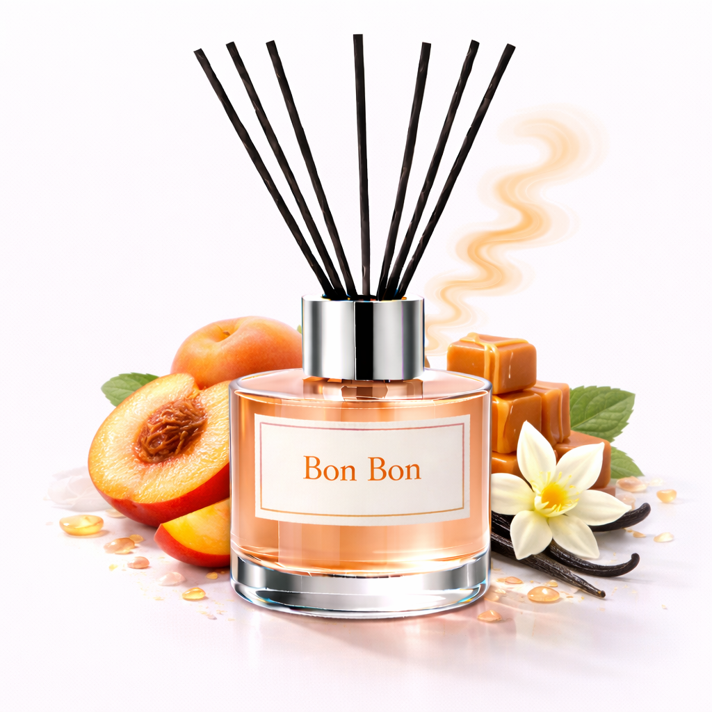 Bon Bon Reed Diffuser Oil with fruit, toffee and vanilla pods on a white background