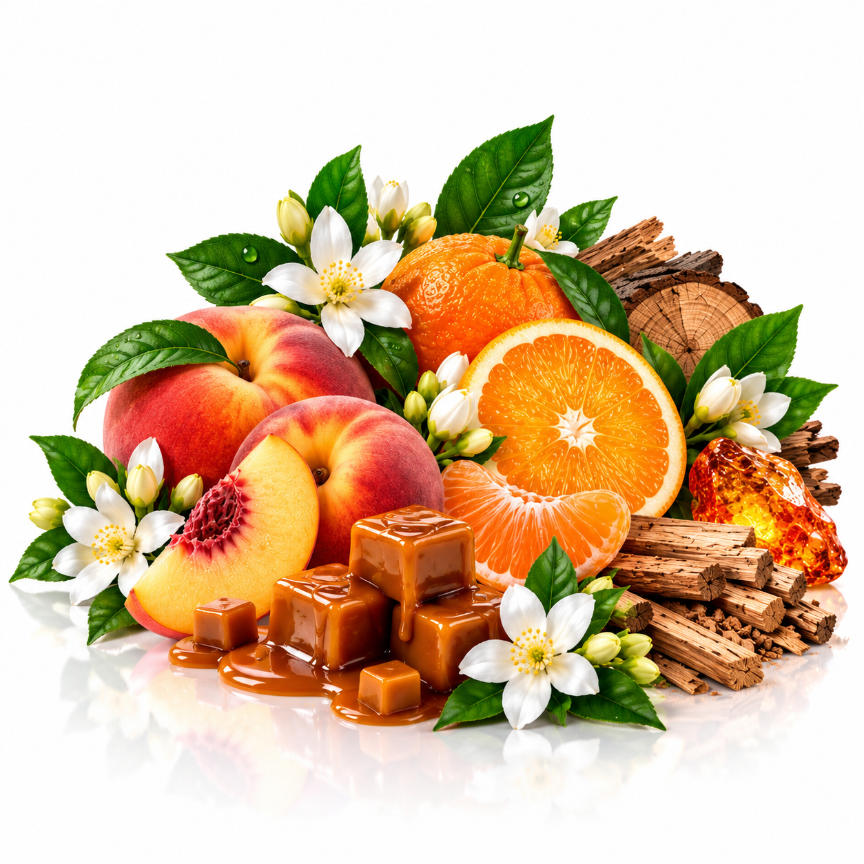 A styled fruit and spice arrangement on a white background, featuring whole and sliced peaches, oranges, white flowers, green leaves, cinnamon sticks, and caramel-colored cubes with syrup.