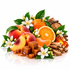 A styled fruit and spice arrangement on a white background, featuring whole and sliced peaches, oranges, white flowers, green leaves, cinnamon sticks, and caramel-colored cubes with syrup.