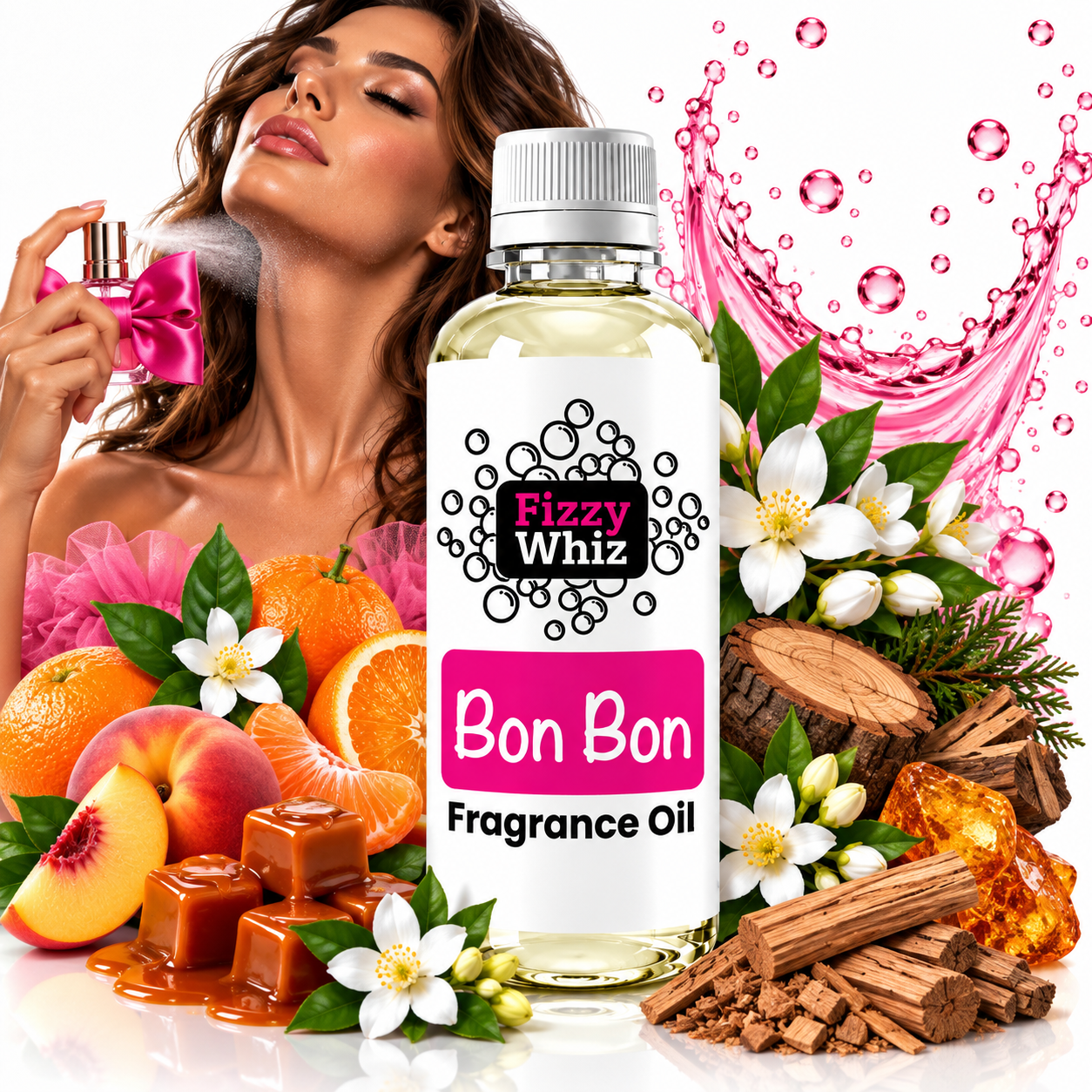 A bottle of Fizzy Whiz Bon Bon fragrance oil centered on a white background, surrounded by illustrated scent ingredients including oranges, peaches, cinnamon, wood chips, white flowers, and pink liquid splashes. A woman appears in the upper left holding a pink perfume bottle, suggesting a fragrance product.