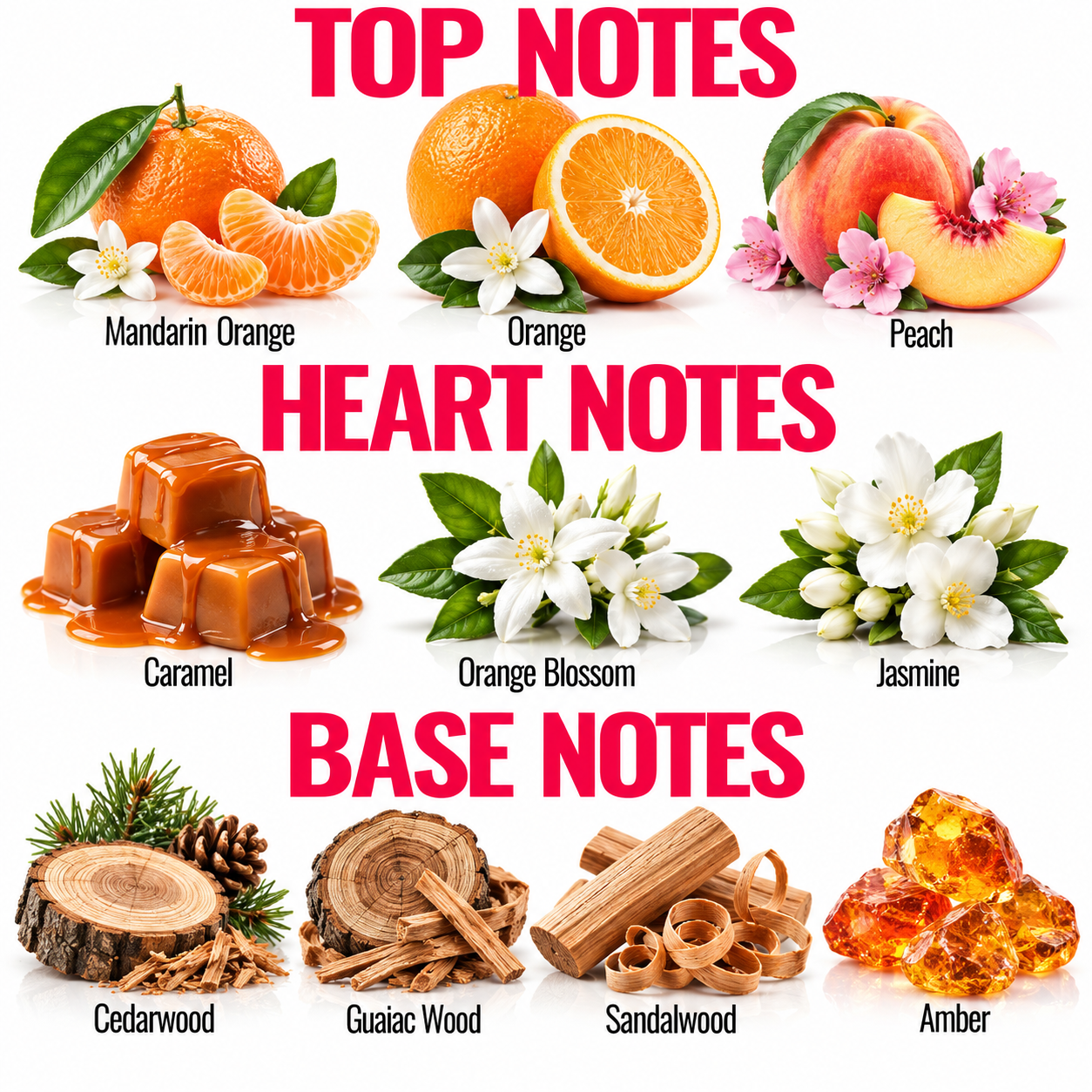A fragrance notes graphic with the headings TOP NOTES, HEART NOTES, and BASE NOTES in large pink text. The top notes section shows citrus fruits, peaches, mandarin slices, white flowers, and pink blossoms labeled Mandarin Orange, Orange, Peach, Caramel, Orange Blossom, and Jasmine.