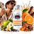 A bottle of Fizzy Whiz Bos Orange Fragrance Oil centered in a styled composition with oranges, a green apple, vanilla beans, cinnamon, and amber crystals. A man in sunglasses appears blurred in the background holding a perfume bottle.