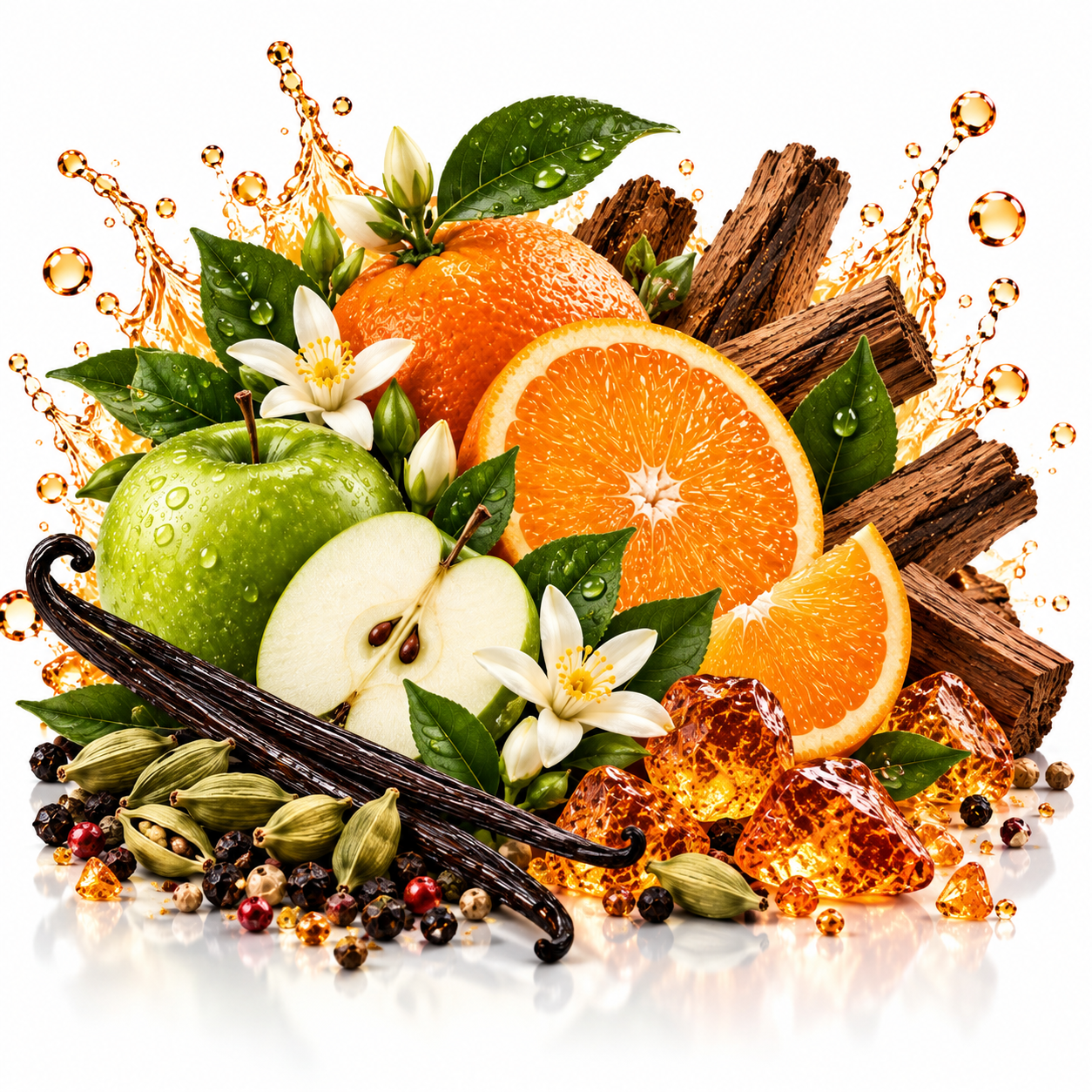 A stylized botanical arrangement of citrus and spice ingredients on a white background, including sliced oranges, a green apple, vanilla beans, cinnamon sticks, cardamom pods, whole spices, white flowers, and amber-colored droplets.