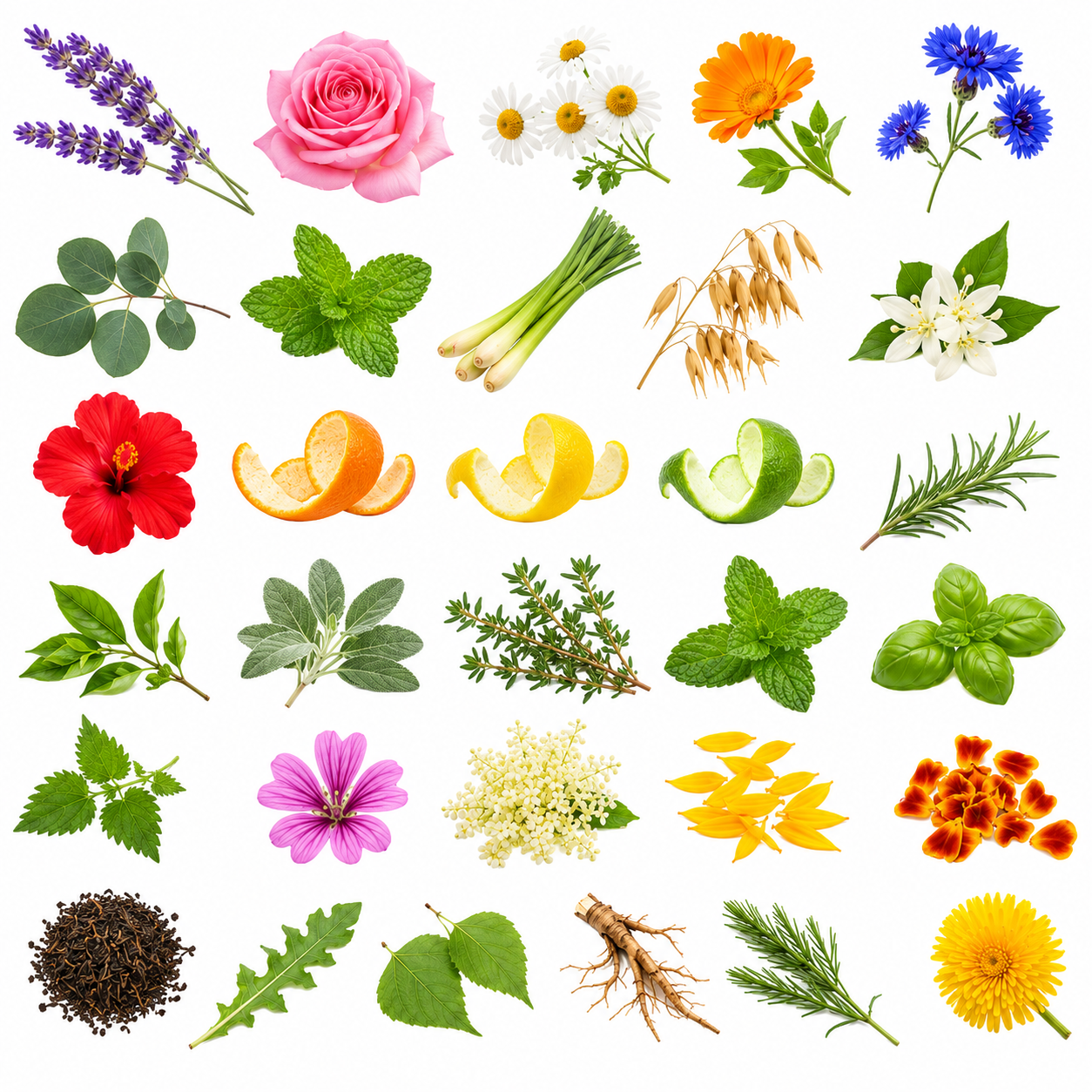 Collection of various flowers, leaves, and fruits on a white background