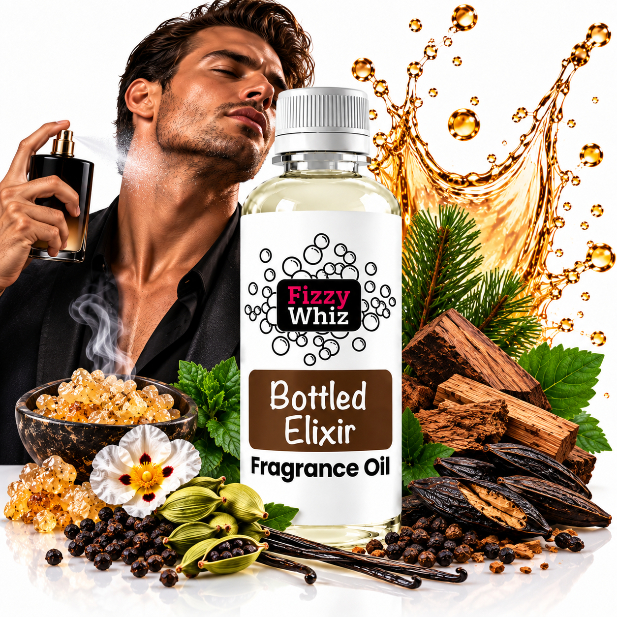 A bottle of Fizzy Whiz Bottled Elixir Fragrance Oil centered in front of a man holding a perfume spray, surrounded by fragrance ingredients including wood chips, spices, vanilla beans, and a liquid splash on a white background.