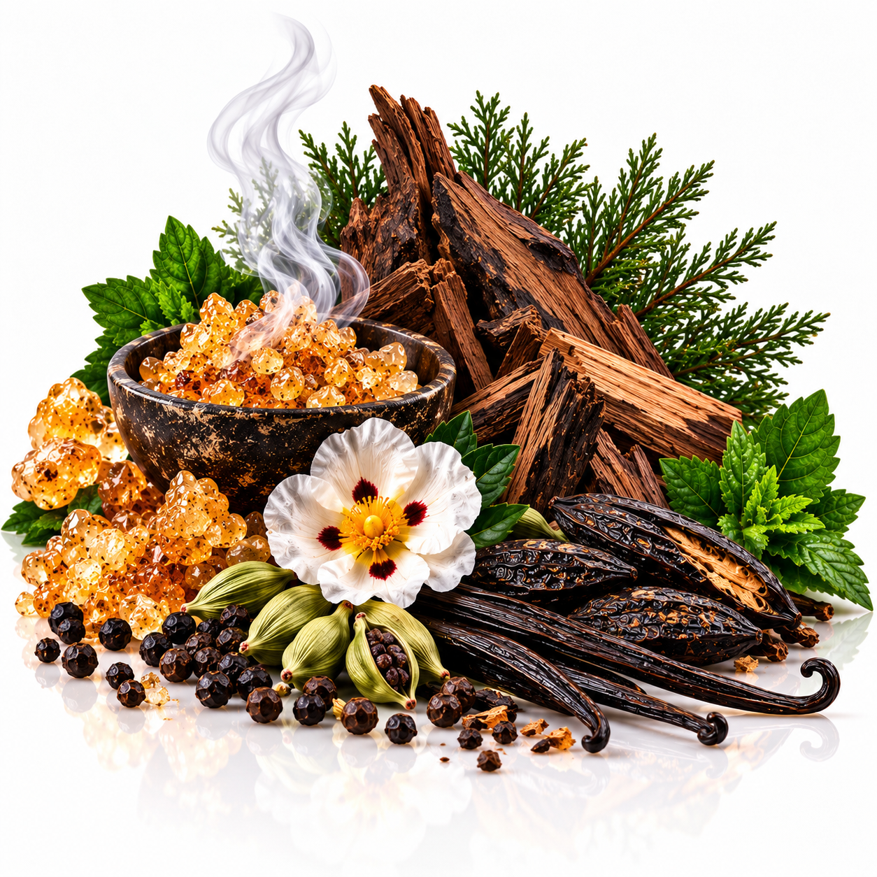 A styled botanical still life of natural ingredients on a white reflective surface: amber crystalline sugar, a dark bowl with steaming liquid, vanilla pods, cardamom pods, black peppercorns, brown bark, green leaves, and a white flower with a red center.