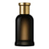 Black perfume bottle with gold cap on a white background