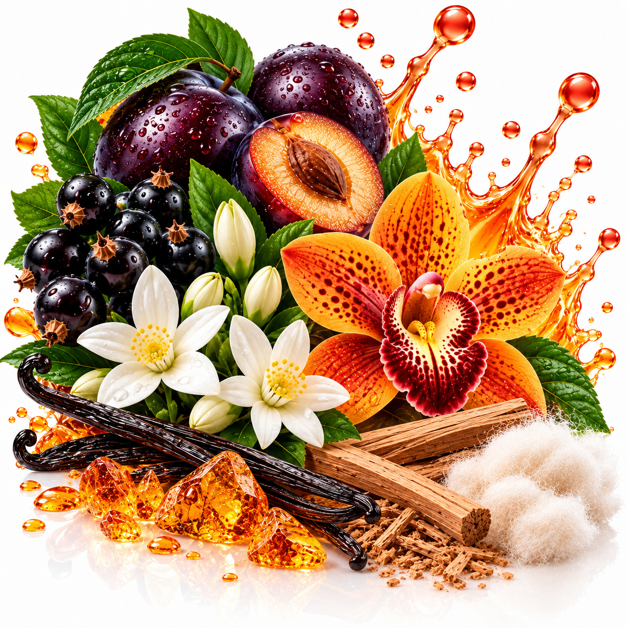 A stylized botanical fragrance-inspired composition on a white background, featuring dark purple plums, black berries, white flowers, a large orange-red orchid, vanilla beans, cinnamon sticks, amber crystals, and a glossy orange liquid splash with droplets.