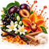 A stylized botanical fragrance-inspired composition on a white background, featuring dark purple plums, black berries, white flowers, a large orange-red orchid, vanilla beans, cinnamon sticks, amber crystals, and a glossy orange liquid splash with droplets.