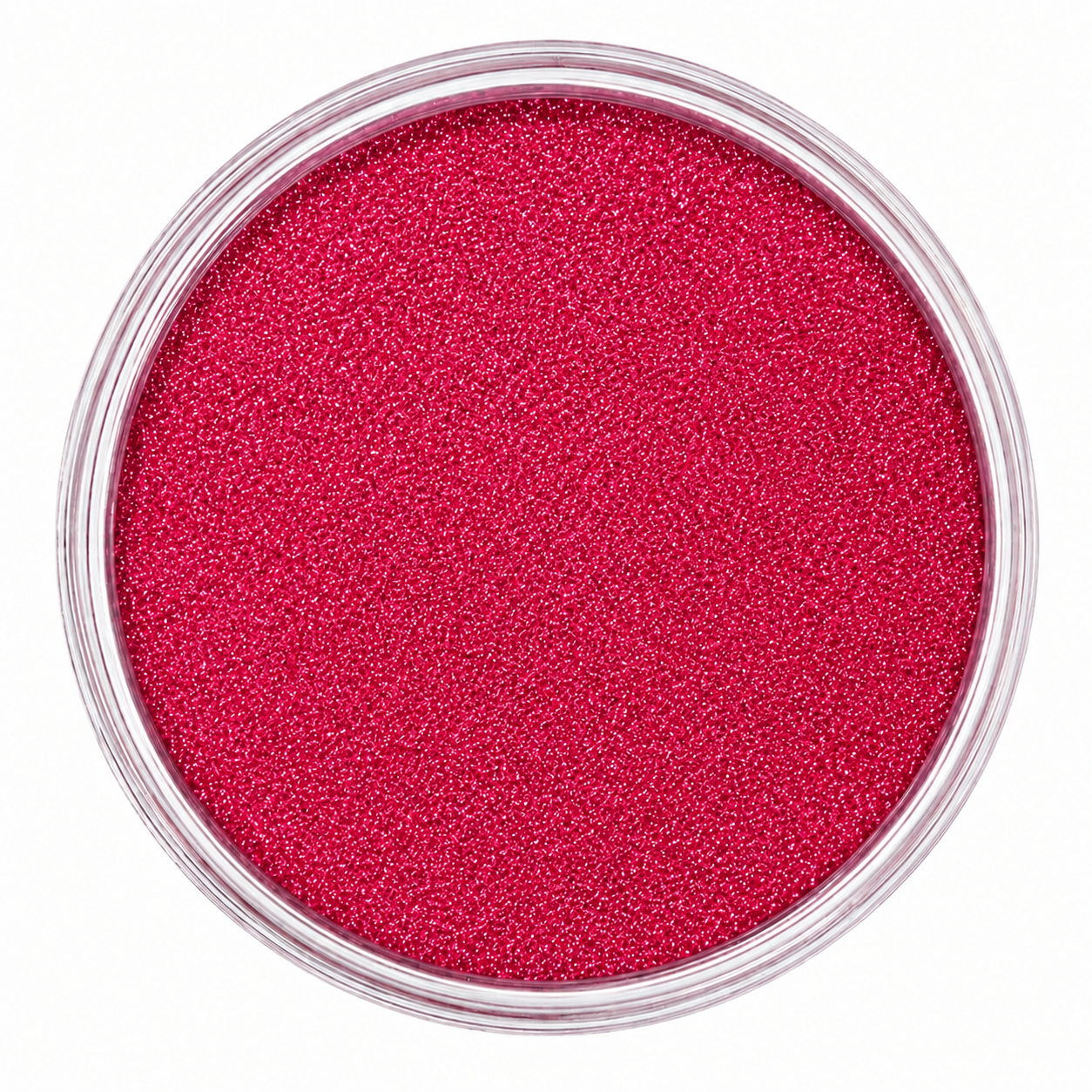 A top-down view of a clear round plastic container filled with bright magenta-pink glitter or fine powder, set against a plain white background.