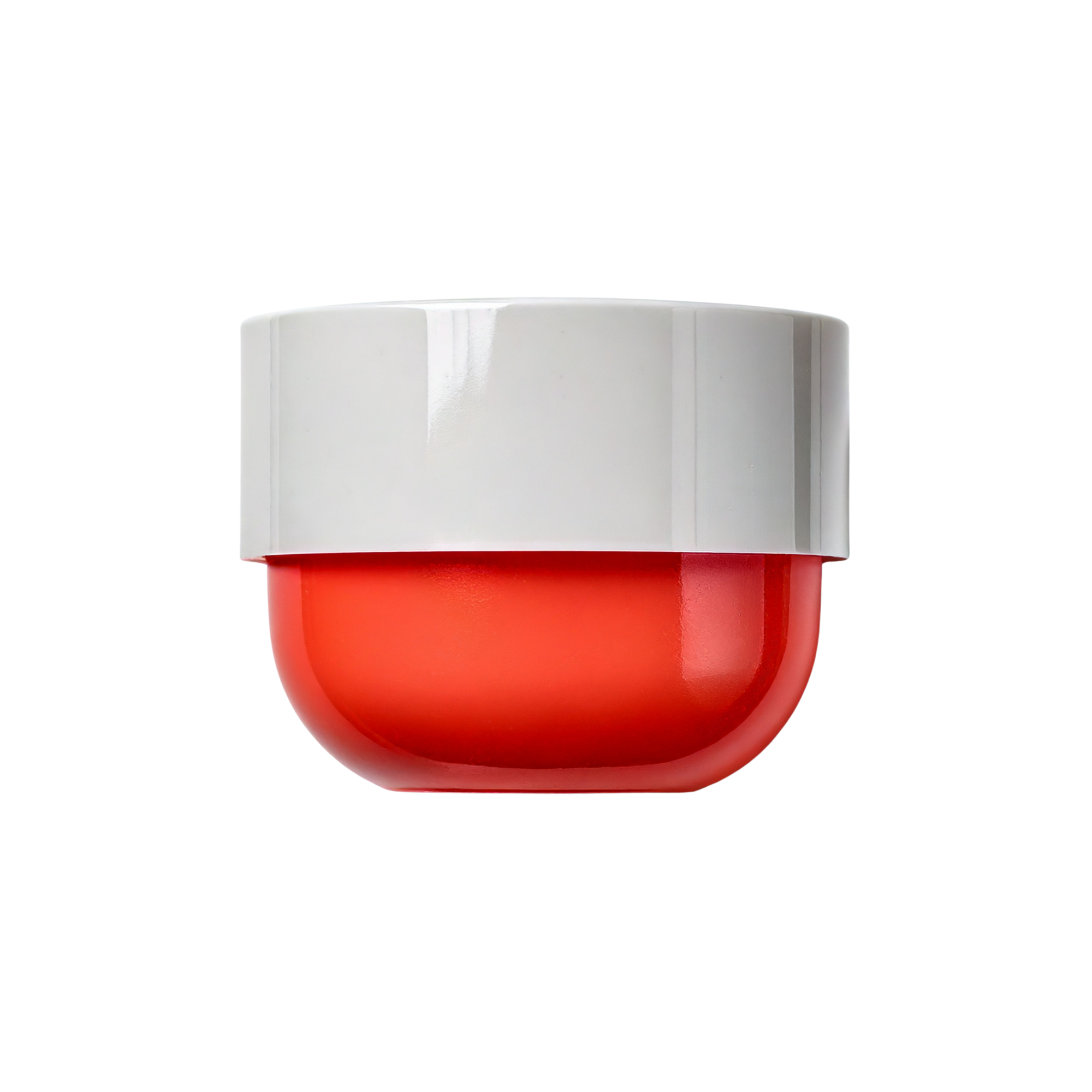 Small cosmetic-style plastic jar with a light purple lid and a red base, shown upright on a light background.