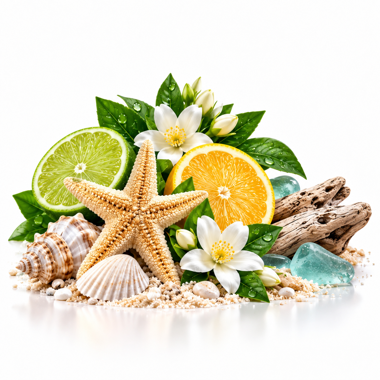 A beach-themed still life arrangement on a white background, featuring a starfish, seashells, sand, green leaves, a lime slice, an orange slice, white flowers, and blue-green stones.