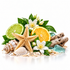 A beach-themed still life arrangement on a white background, featuring a starfish, seashells, sand, green leaves, a lime slice, an orange slice, white flowers, and blue-green stones.