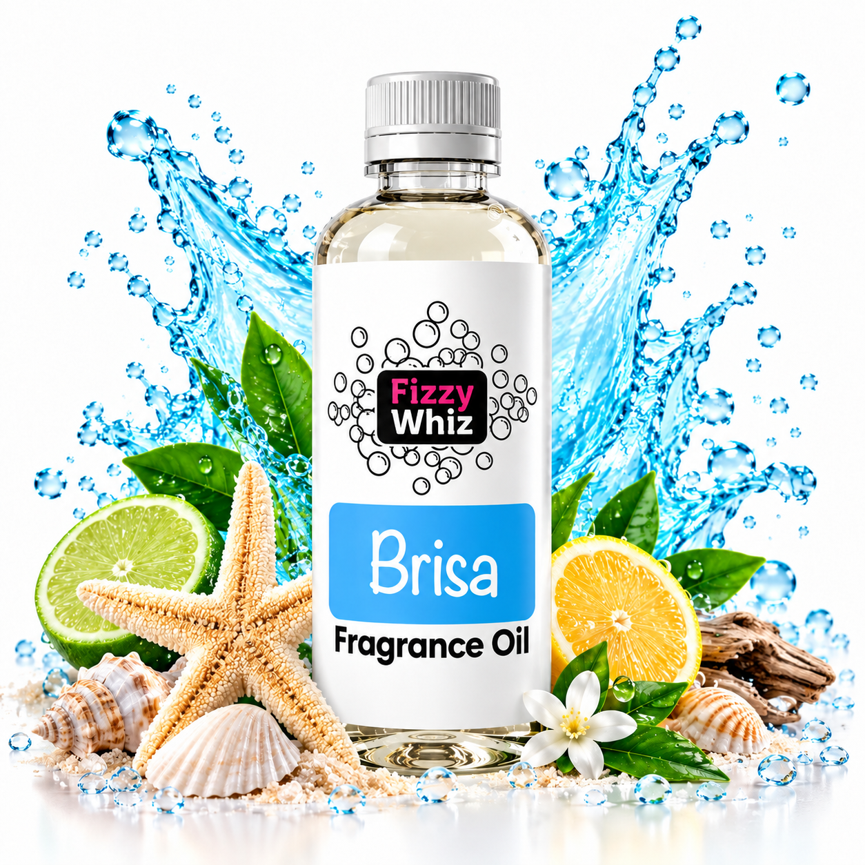 A bottle of Fizzy Whiz Brisa Fragrance Oil centered on a white background, surrounded by ocean-themed props including starfish, seashells, green leaves, citrus slices, and a blue water splash graphic.