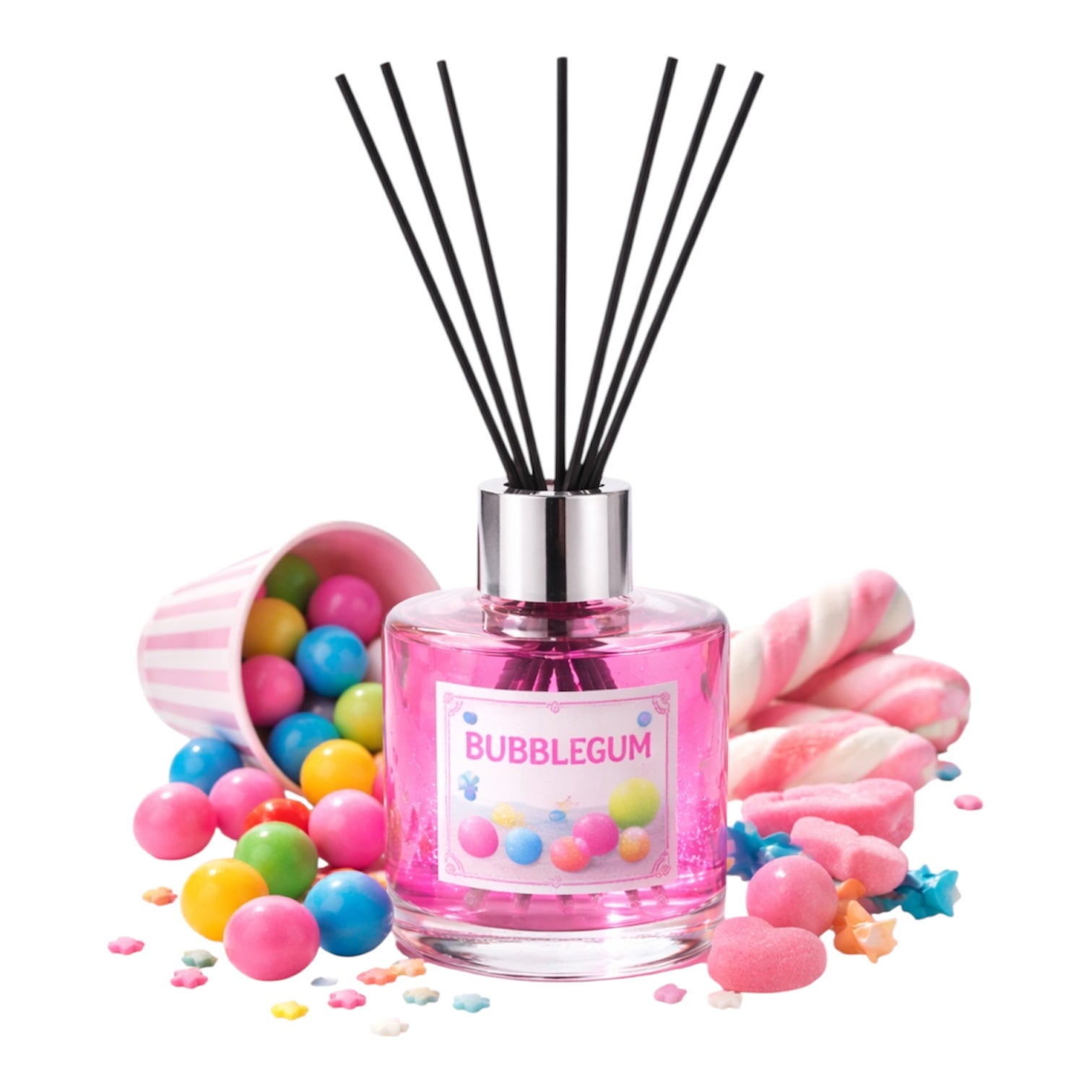 Pink diffuser labeled 'Bubblegum' with candy-themed packaging on a white background