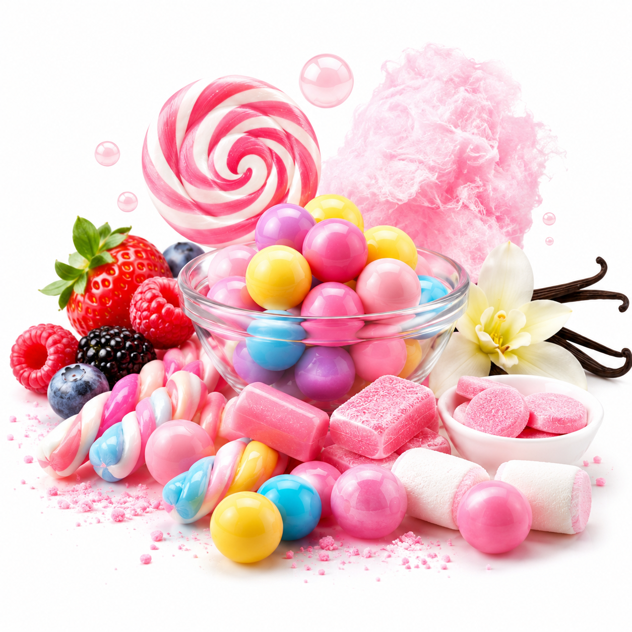A colorful assortment of sweets and candies arranged on a white background, including a large pink-and-white lollipop, pink cotton candy, a glass bowl of round gummy candies in pink, yellow, blue, and purple, strawberries and berries, pink candy pieces, marshmallows, vanilla beans, and a flower.