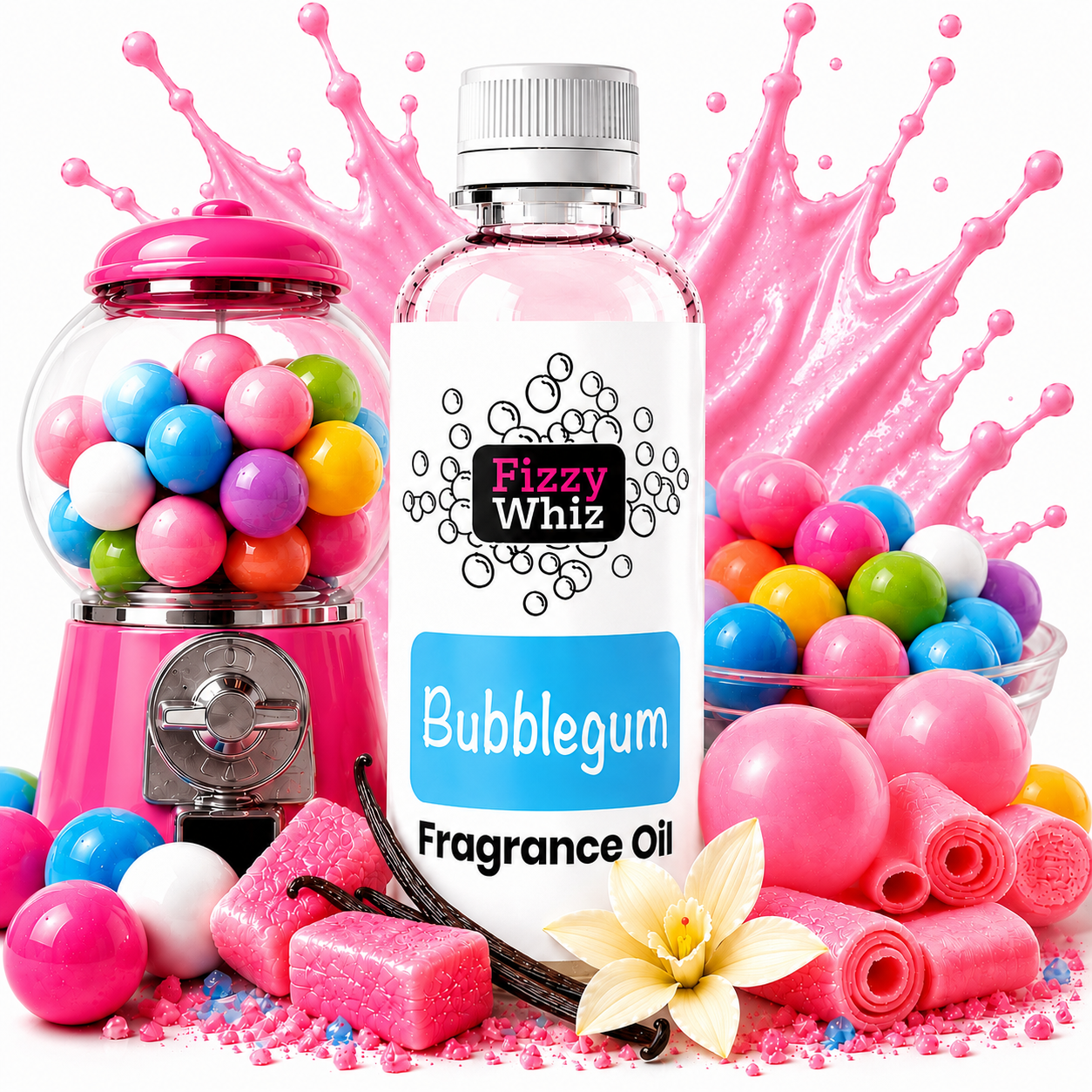 A bottle of Fizzy Whiz Bubblegum fragrance oil stands in the center, surrounded by pink bubblegum-themed props including a gumball machine, colorful gumballs, pink candy pieces, a vanilla flower, and a pink splash background on a white studio background.