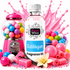A bottle of Fizzy Whiz Bubblegum fragrance oil stands in the center, surrounded by pink bubblegum-themed props including a gumball machine, colorful gumballs, pink candy pieces, a vanilla flower, and a pink splash background on a white studio background.