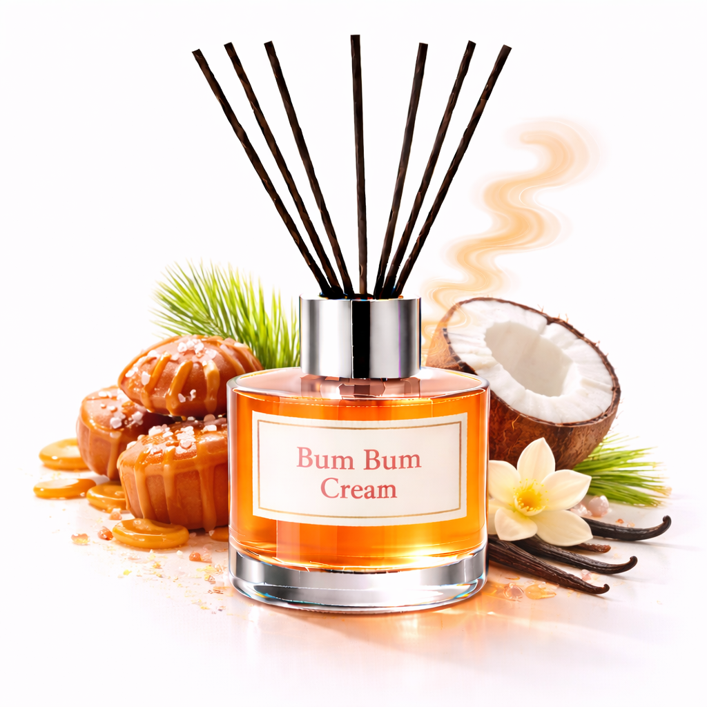 Bum Bum Cream Reed Diffuser Oil with toffee, salted caramel, coconut and vanilla pods on white background