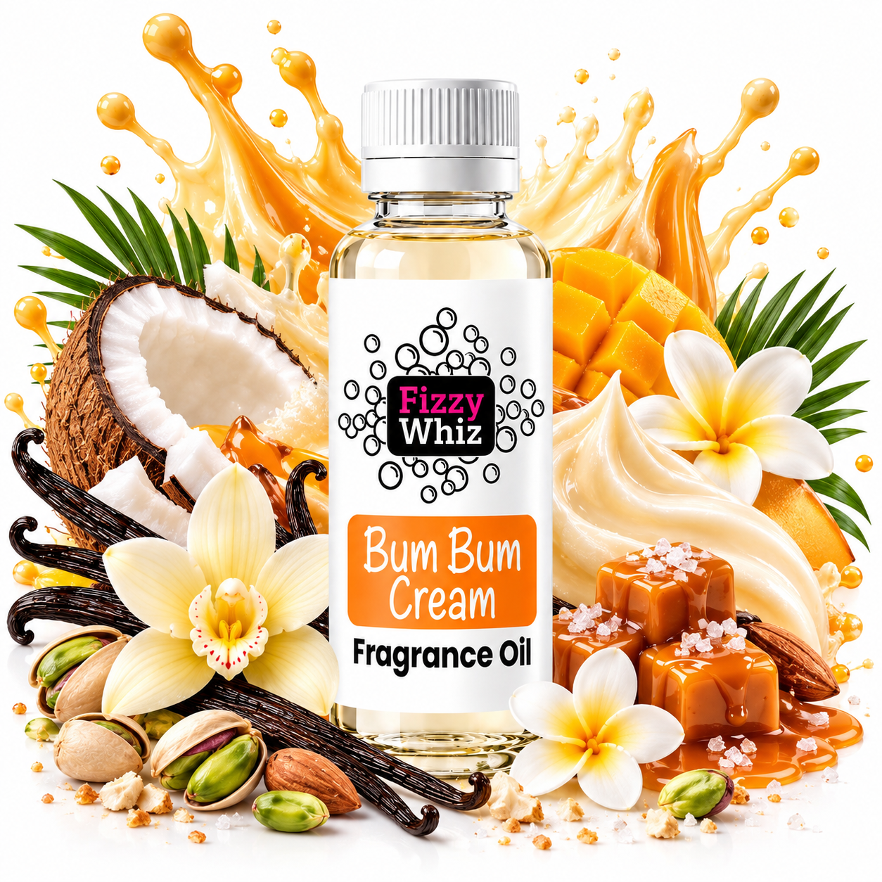 A bottle of Fizzy Whiz Bum Bum Cream Fragrance Oil centered on a white background, surrounded by illustrated scent ingredients including a coconut half, vanilla beans, orchid flowers, plumeria flowers, pistachios, caramel cubes, and orange splash graphics.