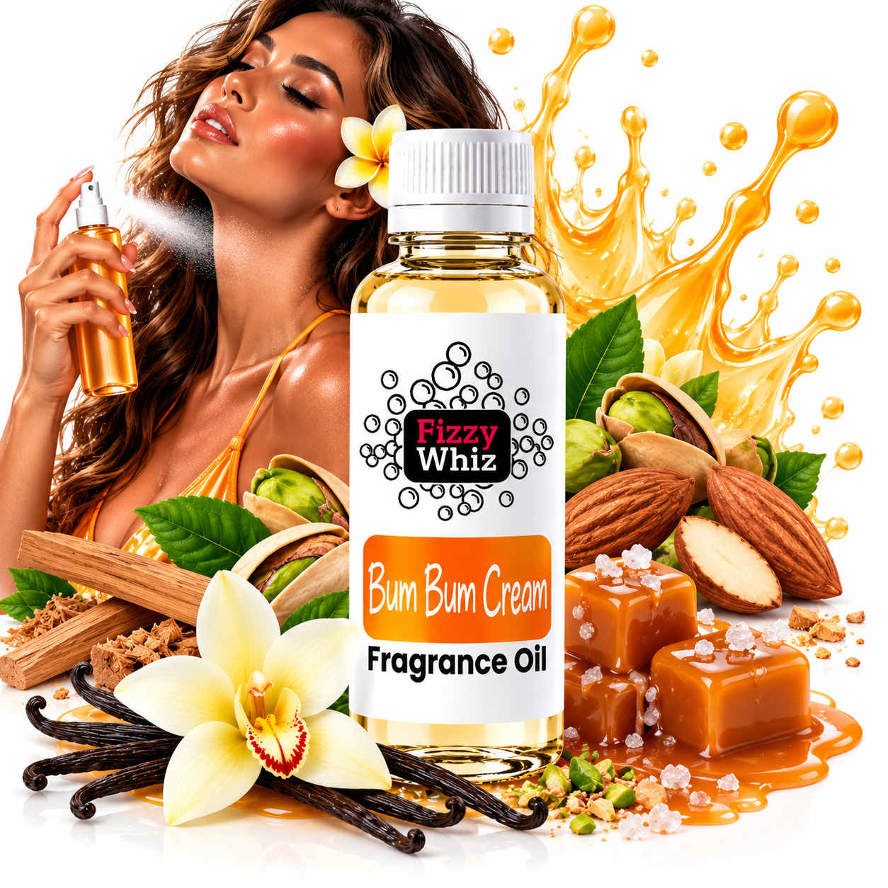 A bottle of Fizzy Whiz Bum Bum Cream Fragrance Oil centered in a styled studio composition with a woman spraying the fragrance, caramel cubes, vanilla beans, almonds, leaves, and a white flower on a white background.