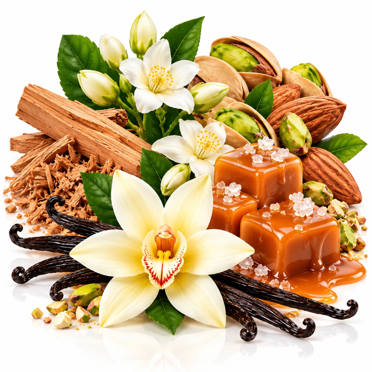 A styled arrangement of fragrance ingredients on a white background, including vanilla beans, white orchid flowers, cinnamon sticks, almonds, pistachios, and caramel-colored cubes with coarse salt.