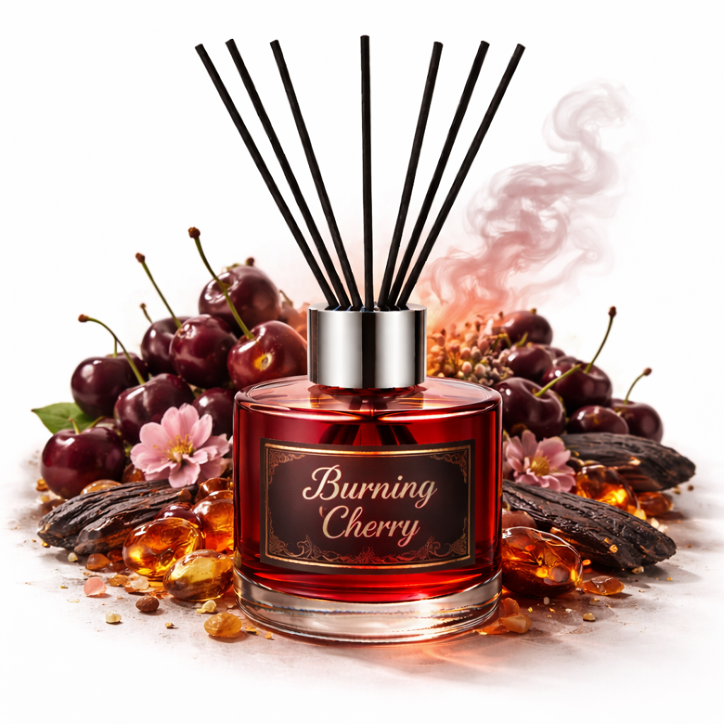 Reed diffuser labeled 'Burning Cherry' surrounded by cherries and flowers on a white background