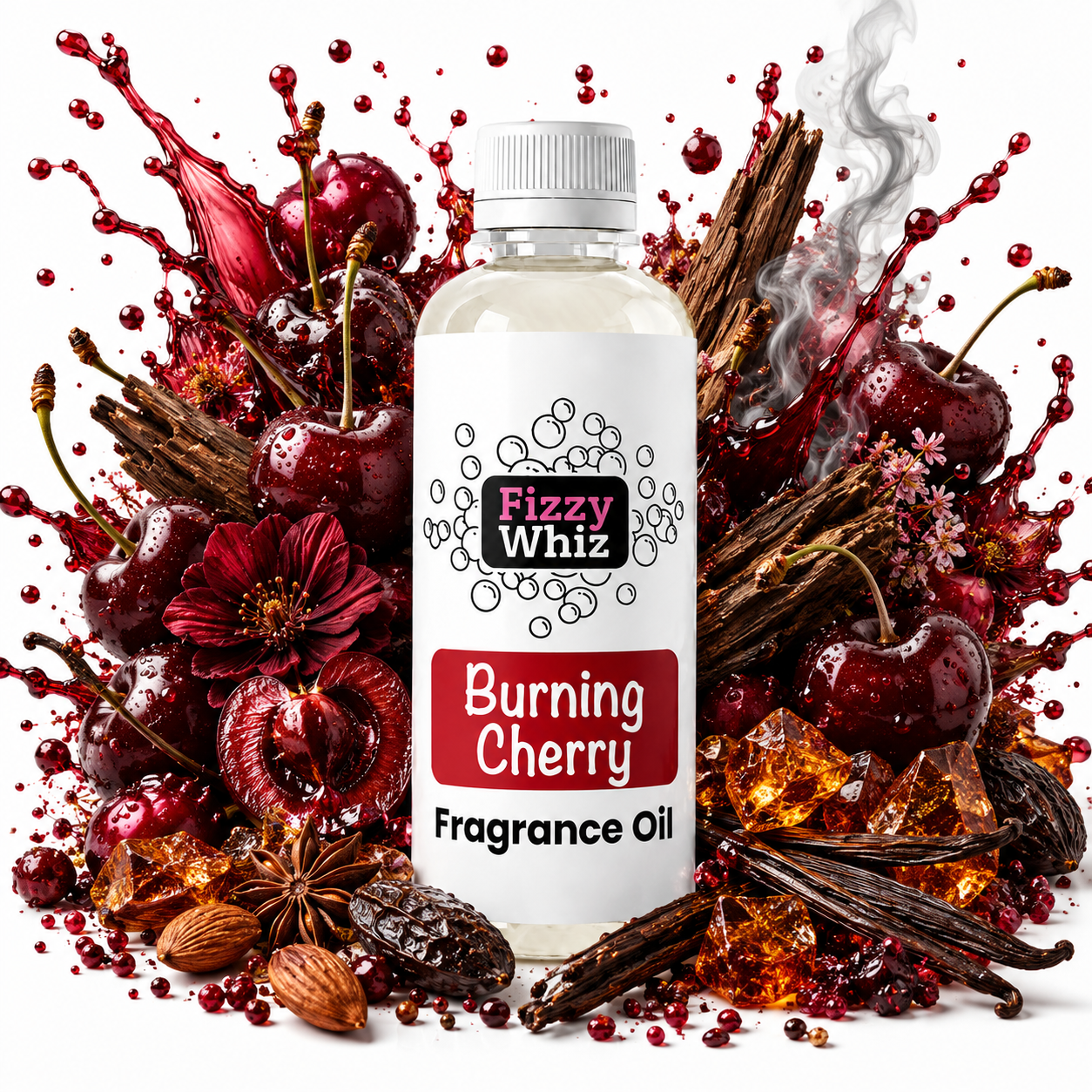 A bottle of Fizzy Whiz 'Burning Cherry' fragrance oil centered against a white background, surrounded by a dramatic arrangement of red cherries, vanilla pods, cinnamon sticks, star anise, and amber syrup splashes. The bottle label is white with red and black text.