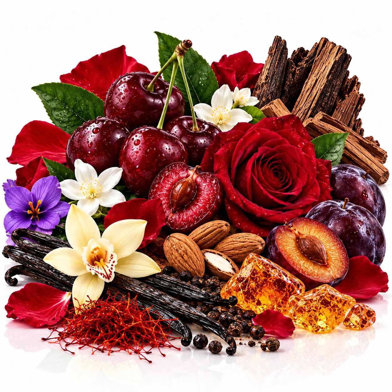 A styled botanical and botanical blend arrangement featuring dark red cherries, a large red rose, red and white flowers, vanilla beans, almonds, cinnamon sticks, amber-colored resin cubes, and small purple blossoms on a white background.