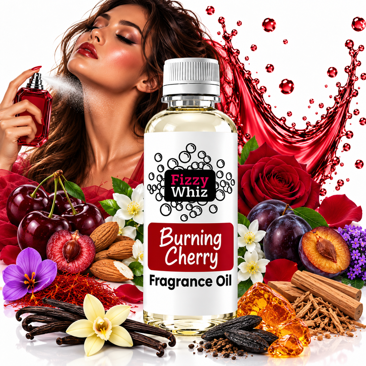 A bottle of Fizzy Whiz Burning Cherry Fragrance Oil centered in a stylized commercial composition, surrounded by cherries, roses, vanilla beans, cinnamon sticks, amber crystals, and a woman holding a perfume bottle against a white background with red liquid splashes.
