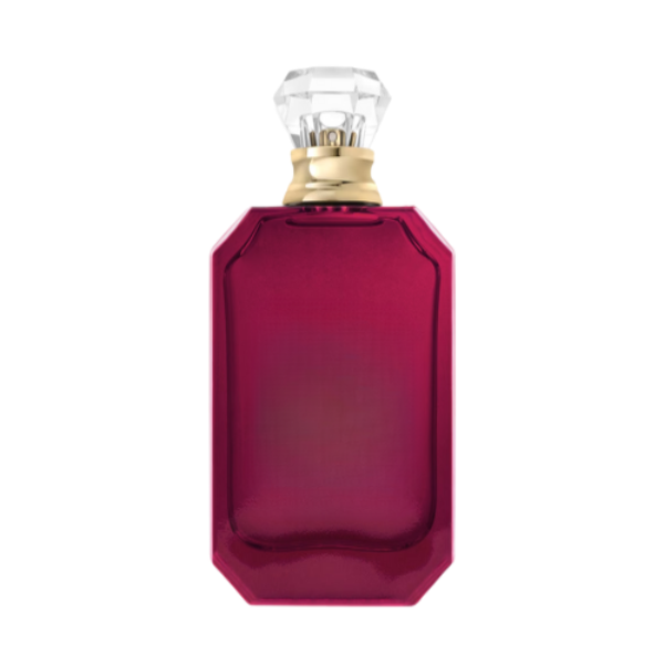 Red perfume bottle with a gold cap on a white background