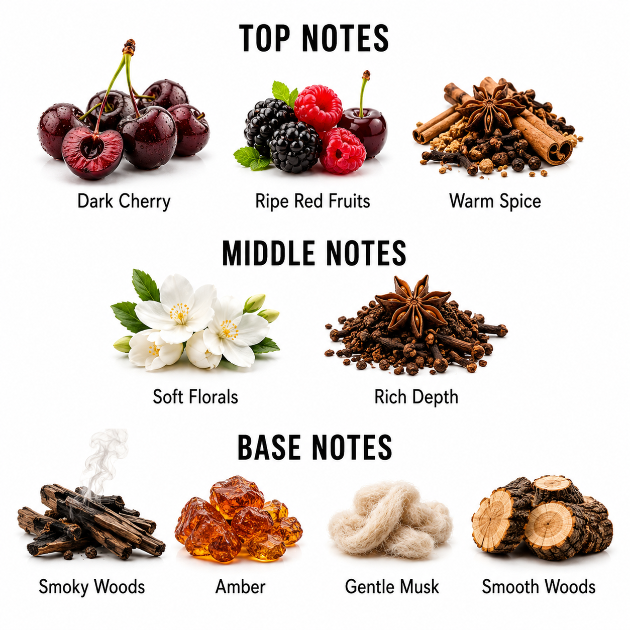 A fragrance notes graphic showing top, middle, and base notes with labeled imagery: dark cherry, ripe red fruits, warm spice, soft florals, rich depth, smoky woods, amber, gentle musk, and smooth woods.