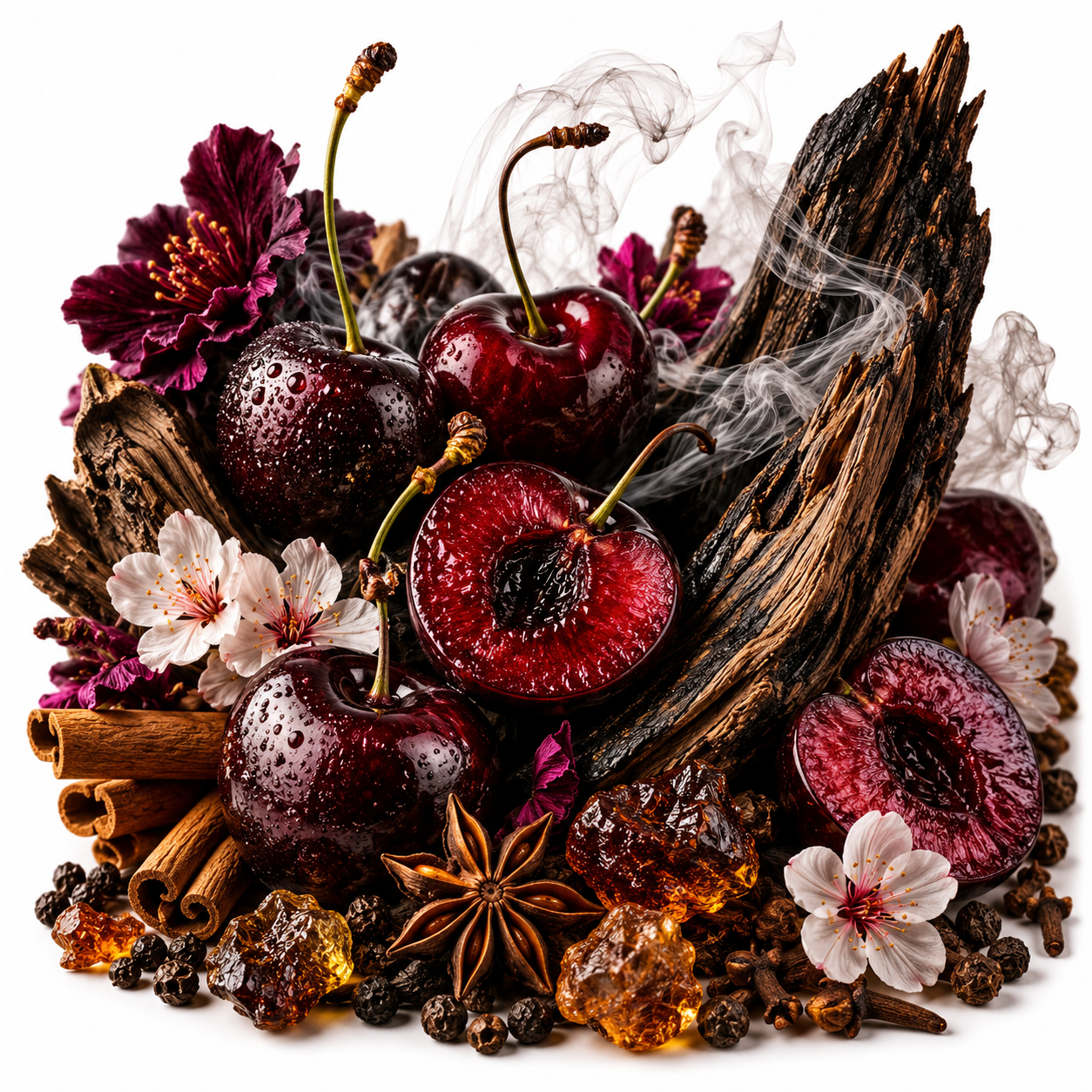 A styled botanical still life featuring dark red cherries, some whole and one sliced open to reveal the center, mixed with cinnamon sticks, star anise, amber crystals, dried flowers, and a large piece of dark wood on a white background with soft smoke effects.