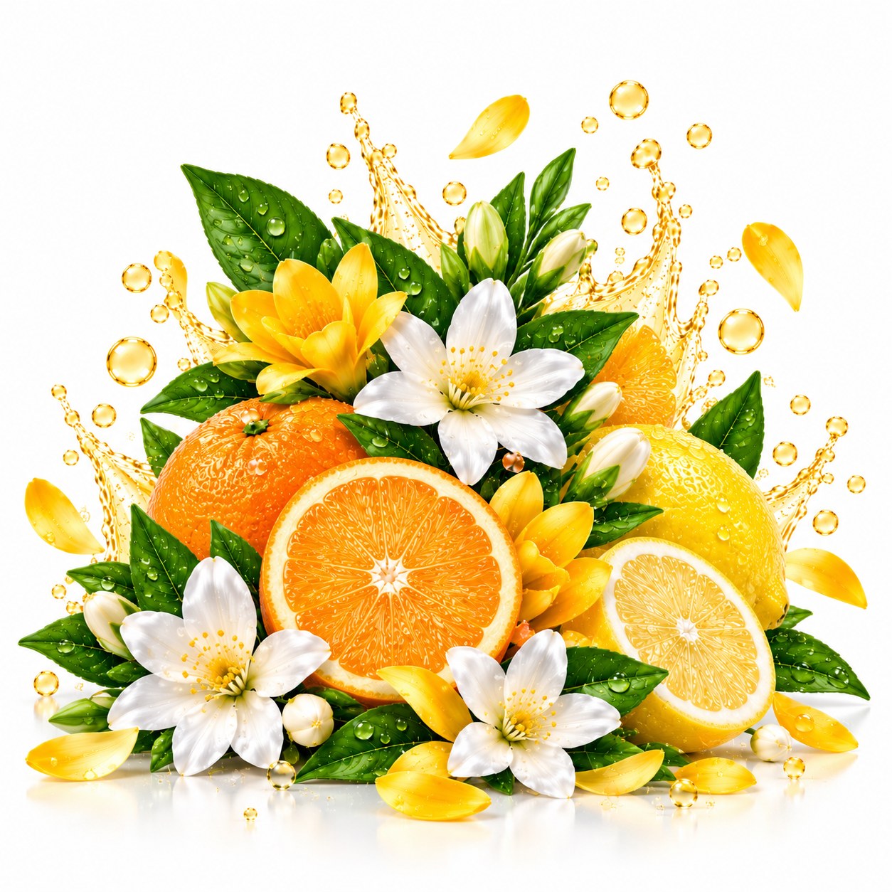 A vibrant fruit and flower arrangement on a white background, featuring whole and sliced oranges, lemons, white blossoms, green leaves, and golden splash droplets.