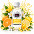 A bottle of Fizzy Whiz 'Burst Of Sunshine' fragrance oil centered against a white background, surrounded by citrus fruits, white flowers, and yellow blossoms with gold splash graphics.