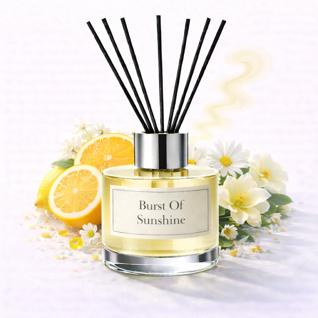 Diffuser labeled 'Burst of Sunshine' with lemons and flowers on a white background