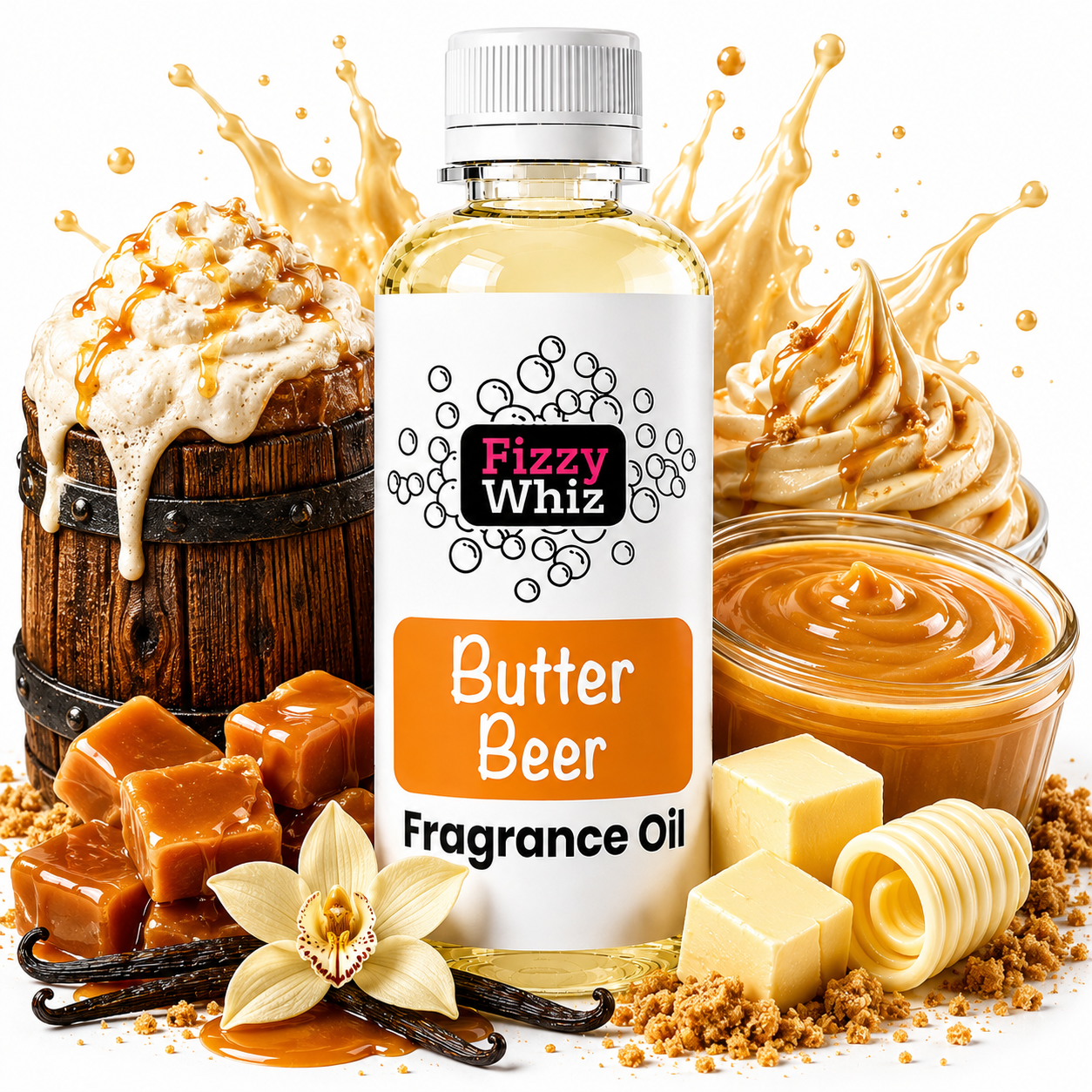 A bottle of Fizzy Whiz Butter Beer Fragrance Oil centered in a styled product shot with caramel, vanilla, butter, and whipped cream elements around it on a white background.