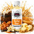 A bottle of Fizzy Whiz Butter Beer Fragrance Oil centered in a styled product shot with caramel, vanilla, butter, and whipped cream elements around it on a white background.